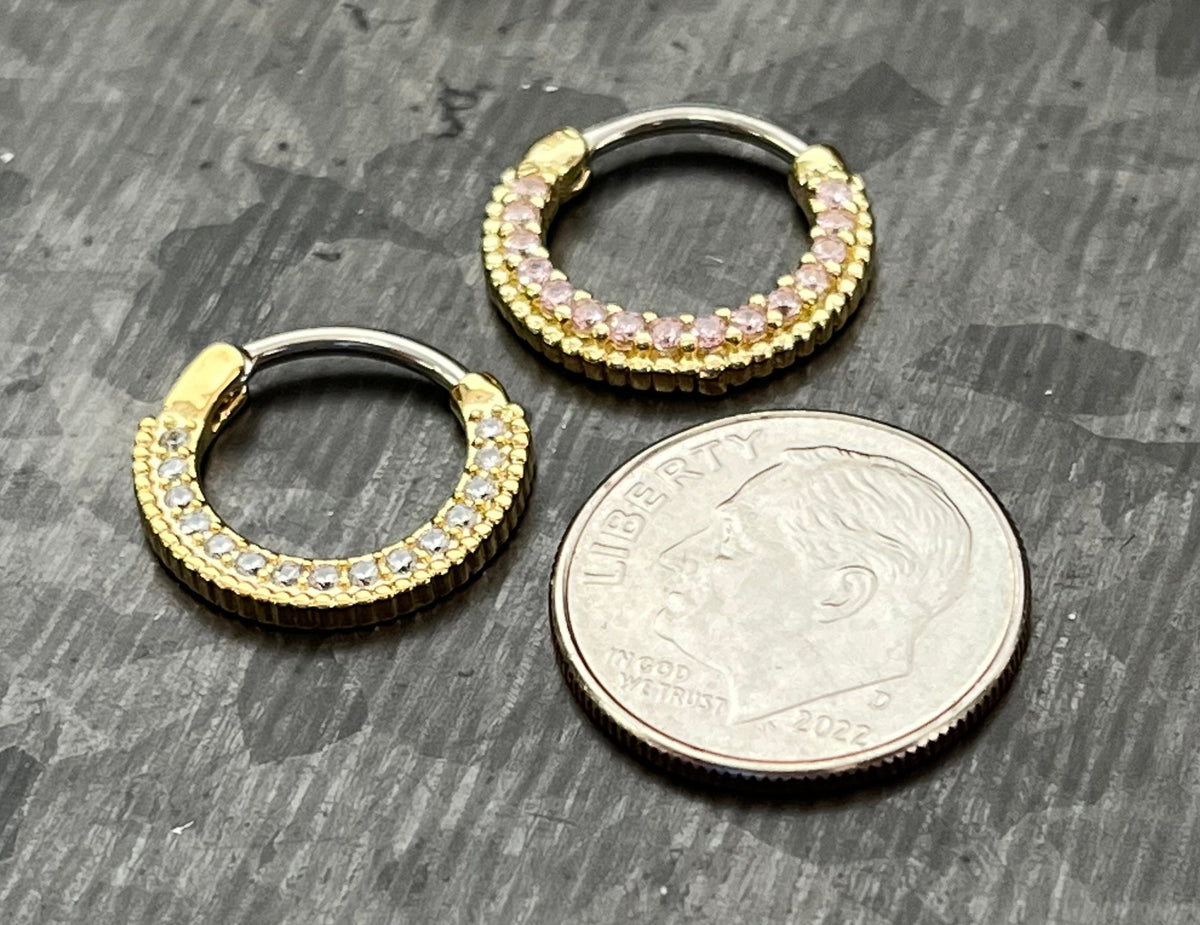 1 Piece Beautiful Round Paved CZ Gem Gold Plated Stainless Steel Segment Septum Ring - 16g - Clear & Pink Available!