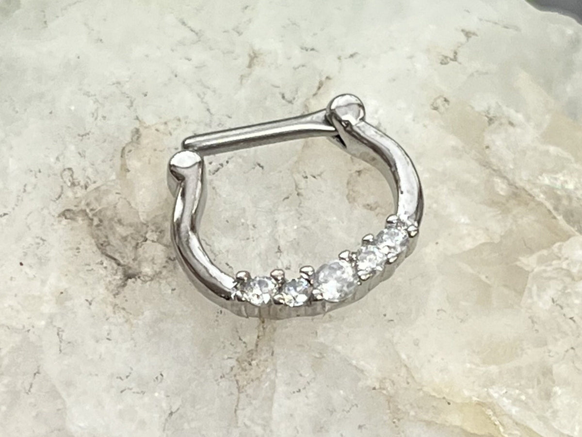 1 Piece Stunning Five CZ Gem Stainless Steel Clicker Segment Septum Ring - 16g or 14g - Clear, Black, Gold, Pink and Rose Gold Available!