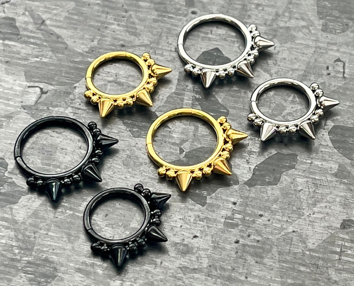 1 Piece Unique Three Spikes and Double Ball Steel Hinged Segment Septum Ring- 16g - 10mm or 8mm - Silver, Gold & Black available!