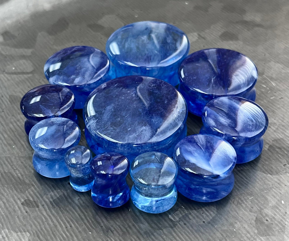 PAIR of Beautiful Vibrant Capri Blue Style Glass Double Flare Glass Plugs - Gauge 2g (6mm) thru 1&1/8" (28mm) Available!