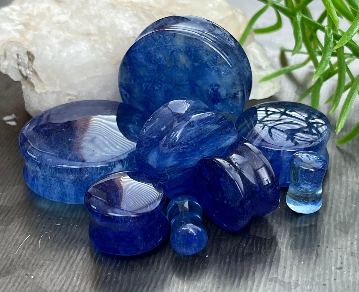 PAIR of Beautiful Vibrant Capri Blue Style Glass Double Flare Glass Plugs - Gauge 2g (6mm) thru 1&1/8" (28mm) Available!