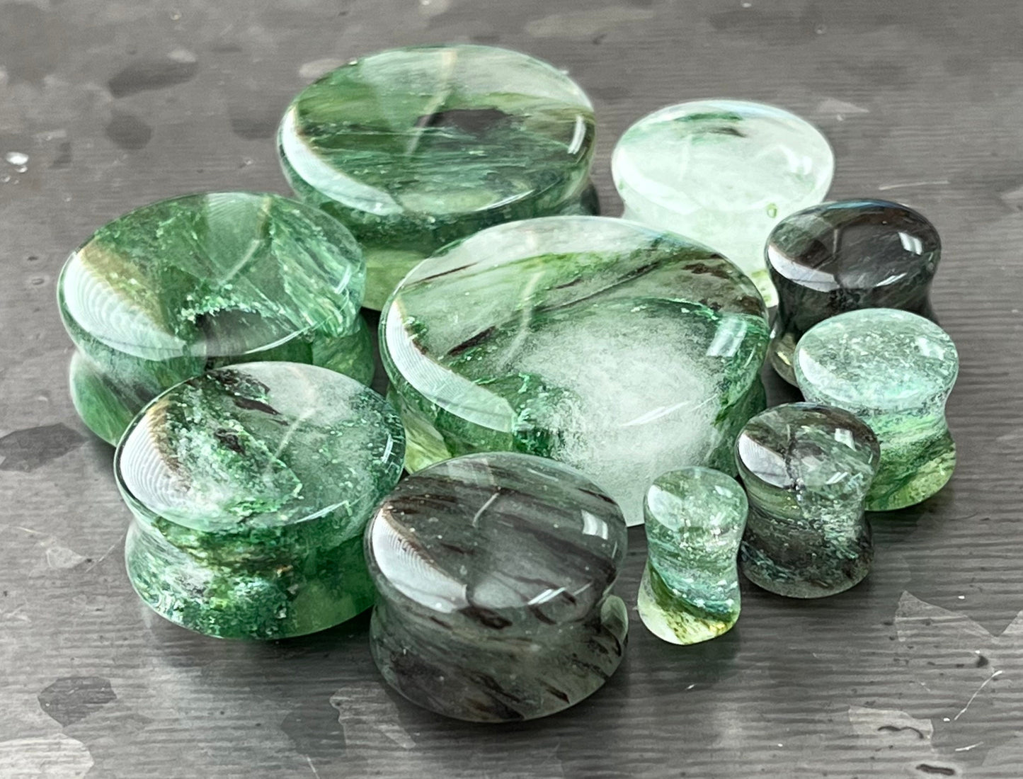 PAIR of Unique Mossy Forest Green Style Glass Double Flare Glass Plugs - Gauge 2g (6mm) thru 1&1/8" (28mm) Available!