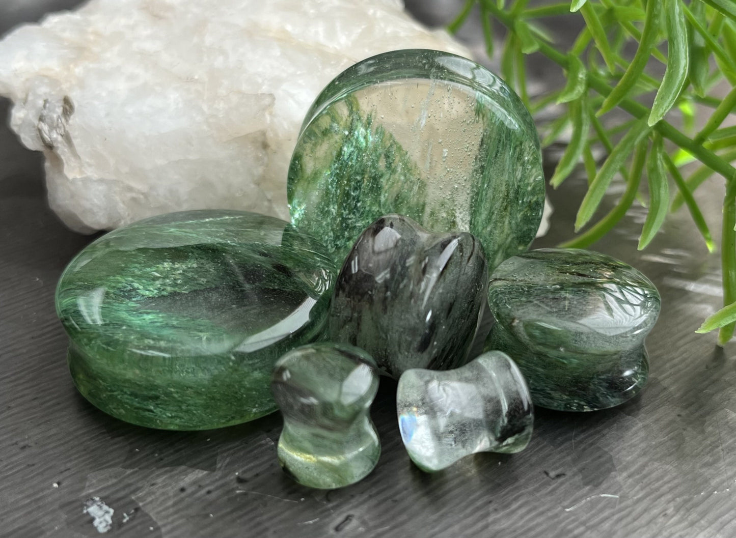 PAIR of Unique Mossy Forest Green Style Glass Double Flare Glass Plugs - Gauge 2g (6mm) thru 1&1/8" (28mm) Available!