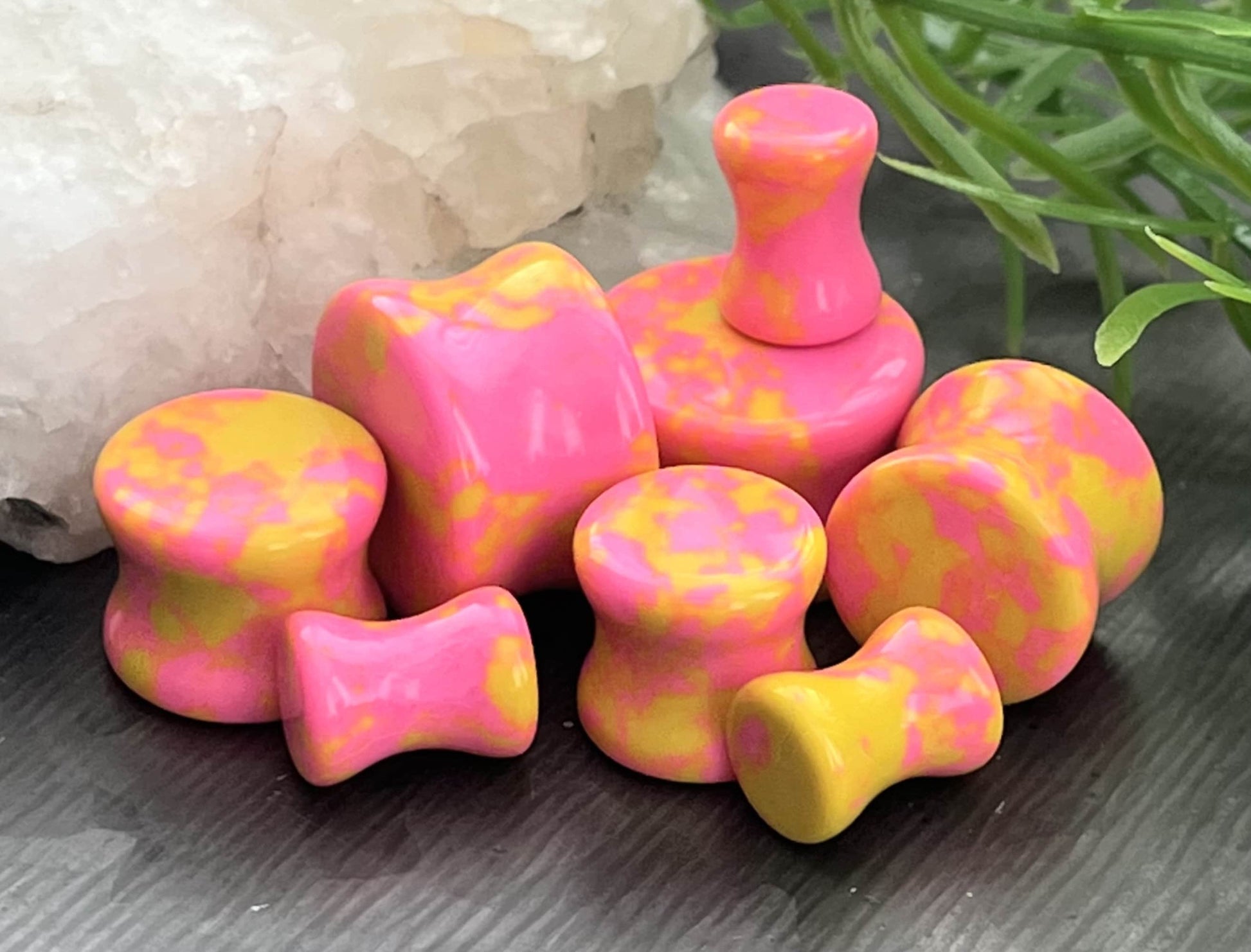 PAIR of Stunning Pink Lemonade Synthetic Turquoise Stone Double Flare Plugs - Gauges 2g (6mm) thru 5/8" (16mm) available!