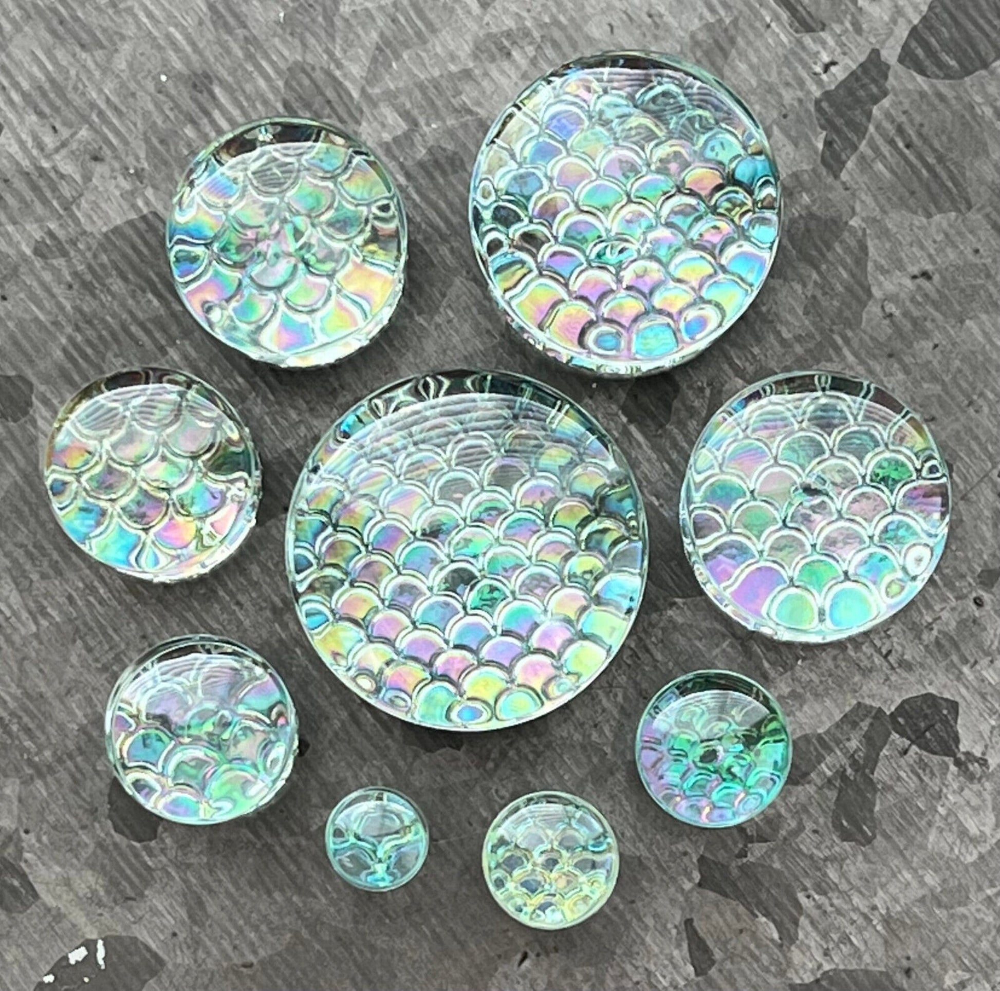 PAIR of Stunning Holographic Dragon / Fish Scale Design Pyrex Glass Plugs - Gauge 2g (6mm) thru 1" (25mm) Available!