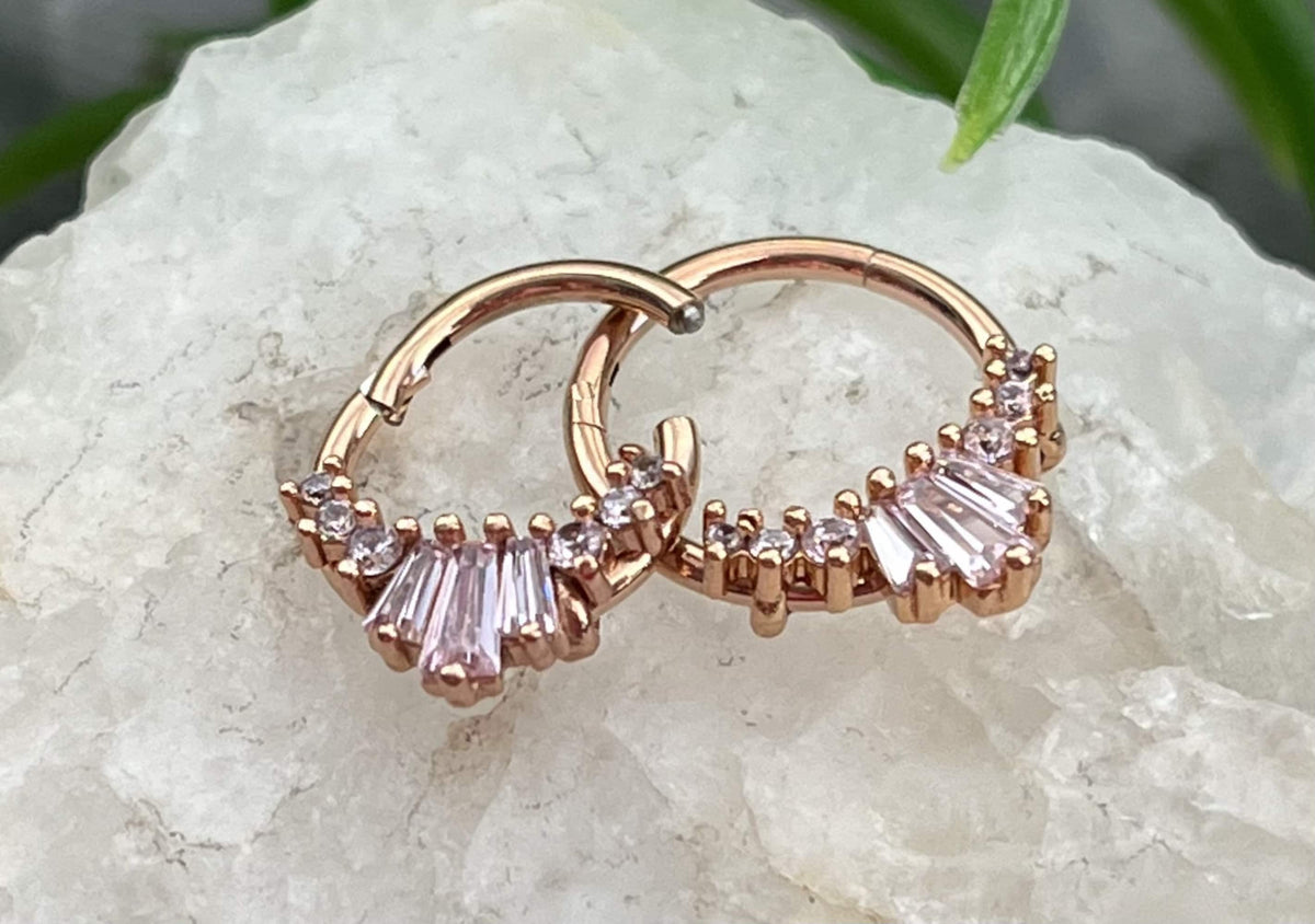 1 Piece Stunning Three Baguette Gems Fan Hinged Segment Septum Ring - 16g - 10mm & 8mm - Gem Color - Clear, Pink, Black Available!