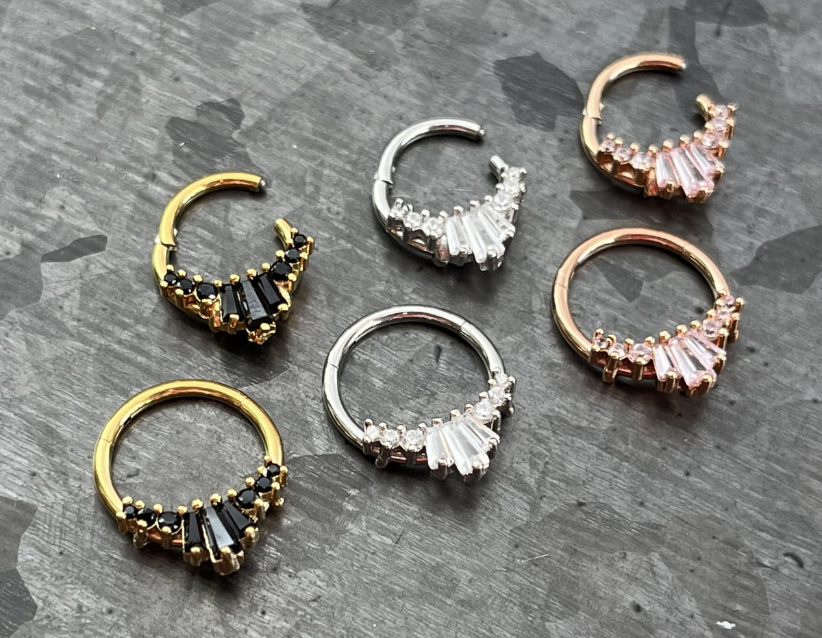 1 Piece Stunning Three Baguette Gems Fan Hinged Segment Septum Ring - 16g - 10mm & 8mm - Gem Color - Clear, Pink, Black Available!