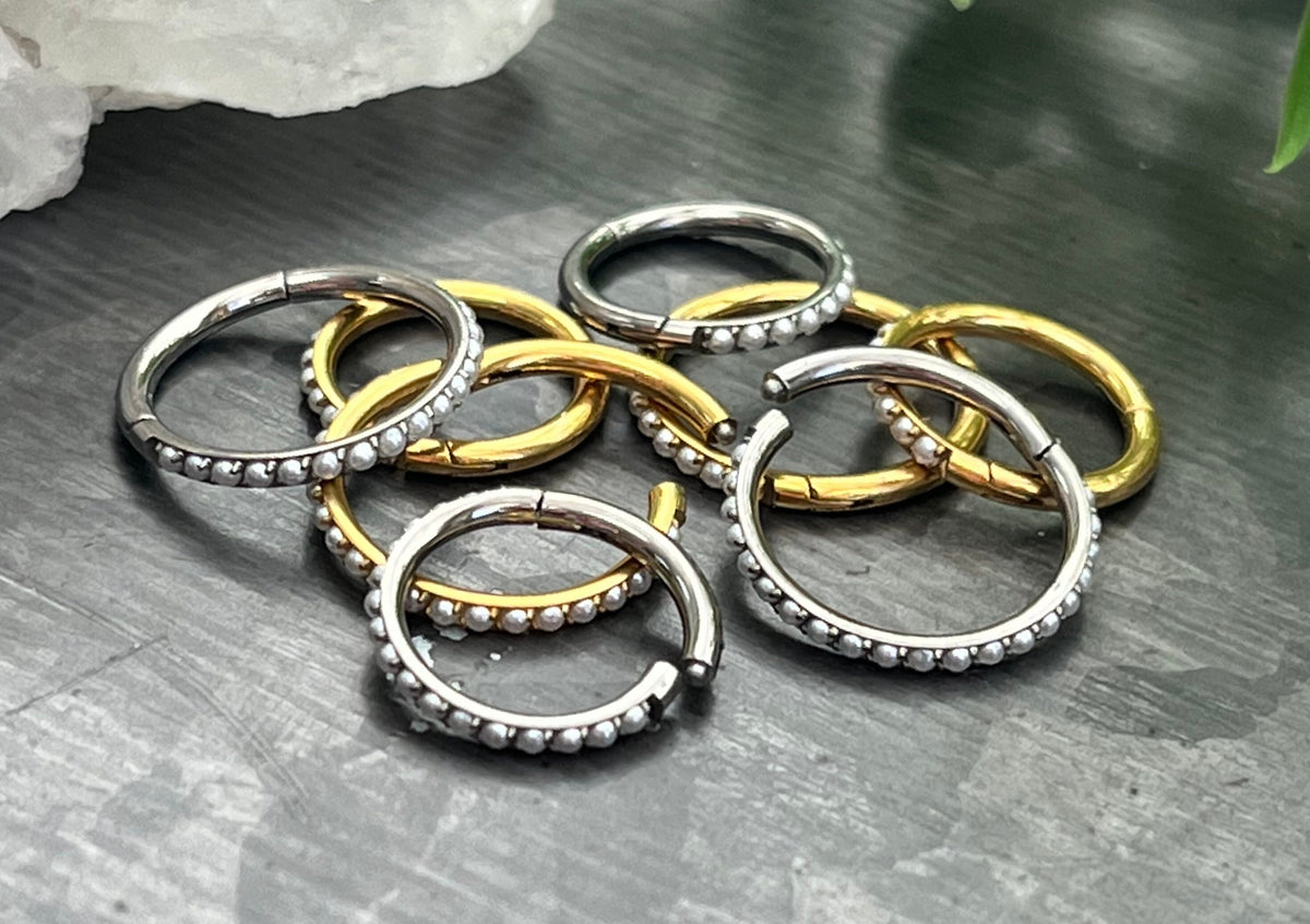 1 Piece Beautiful Outer Edge Pearls Titanium Hinged Segment Septum Ring - 16g - 10mm & 8mm - Silver and Gold Available!