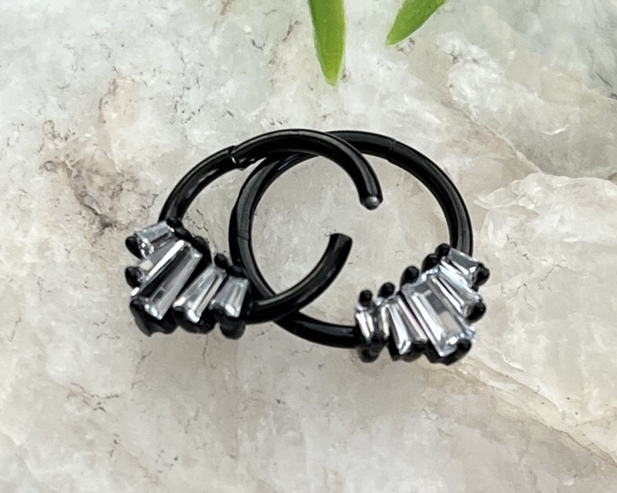 1 Piece of Unique Five Baguette Gems Fan Hinged Segment Septum Ring - 10mm & 8mm - Black, Gold and Silver Available!