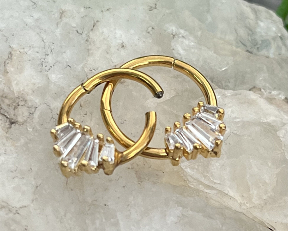1 Piece of Unique Five Baguette Gems Fan Hinged Segment Septum Ring - 10mm & 8mm - Black, Gold and Silver Available!