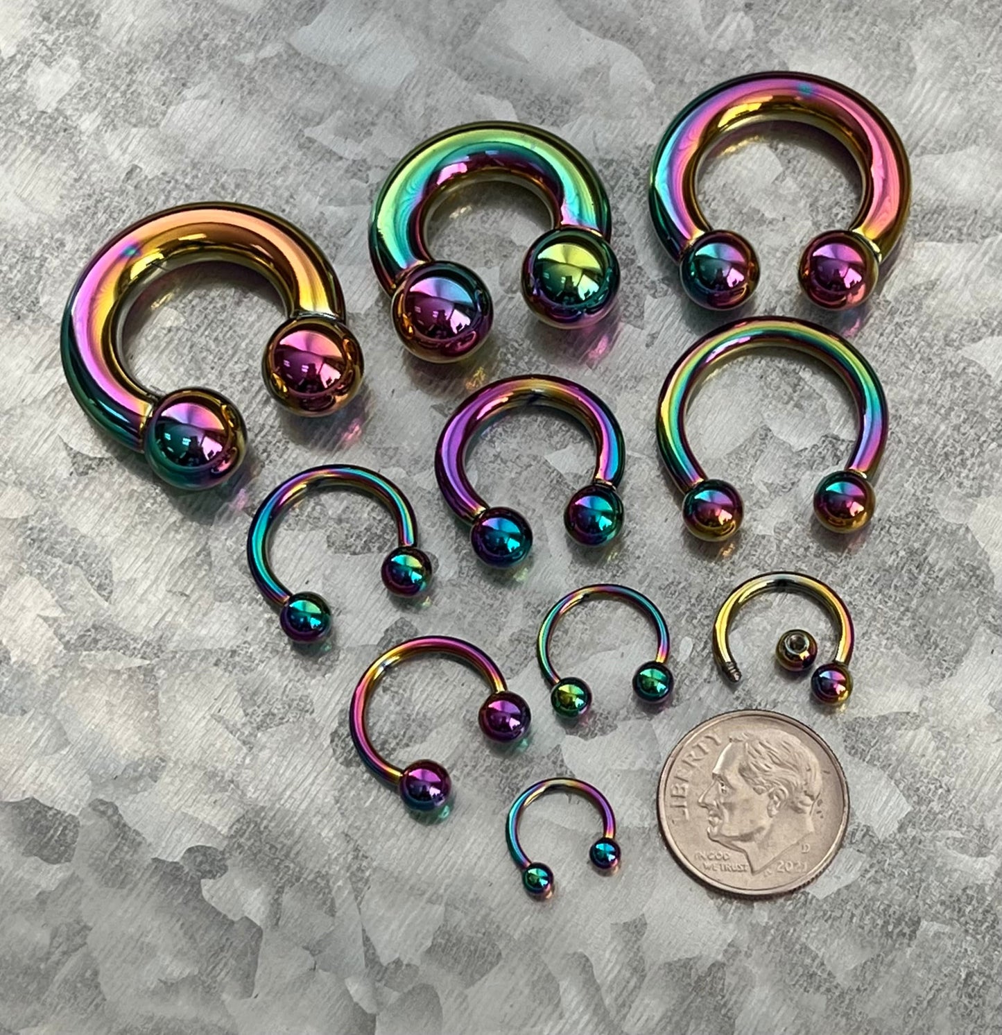 1 Piece Unique Rainbow Titanium Anodized Circular Barbell Horseshoe Ring - 18g thru 2g with Assorted Internal Diameter and Ball Size!!