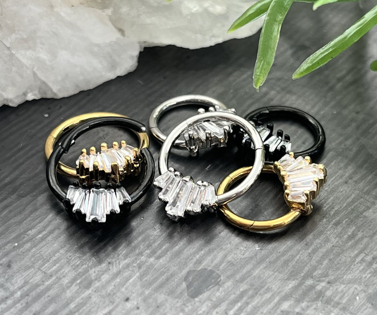 1 Piece of Unique Five Baguette Gems Fan Hinged Segment Septum Ring - 10mm & 8mm - Black, Gold and Silver Available!