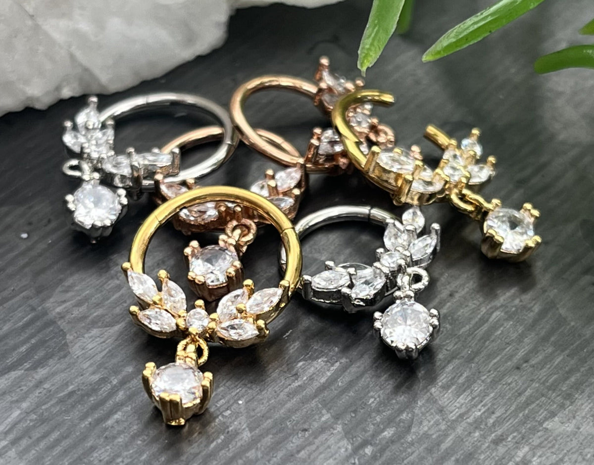 1 Piece of Unique Vine Dangle Gems Fan Hinged Segment Septum Ring - 10mm & 8mm - Gold, Rose Gold and Silver Available!