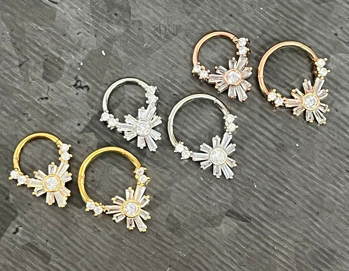 1 Piece of Unique Baguette Gems Flower Hinged Segment Septum Ring - 10mm & 8mm -Silver, Gold and Rose Gold Available!