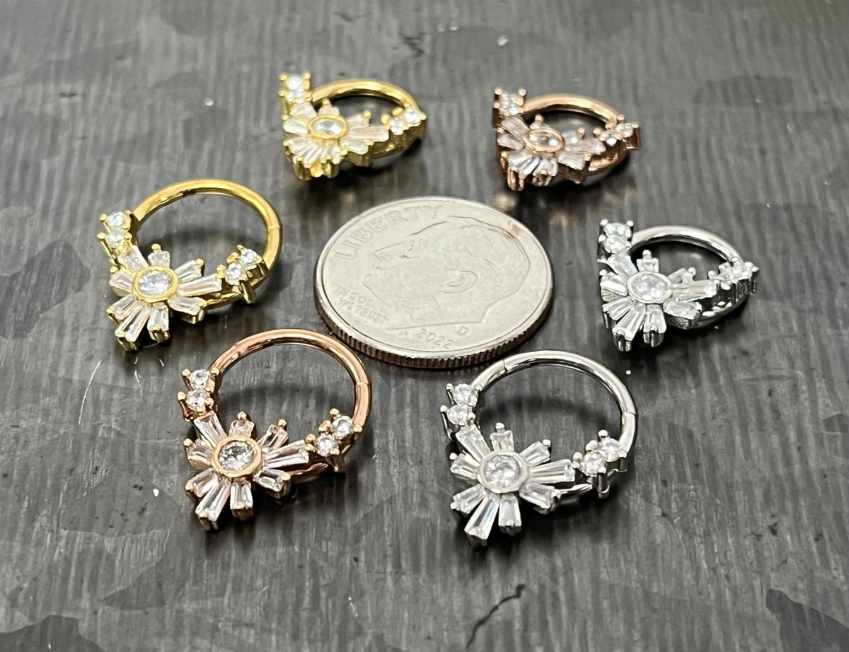 1 Piece of Unique Baguette Gems Flower Hinged Segment Septum Ring - 10mm & 8mm -Silver, Gold and Rose Gold Available!