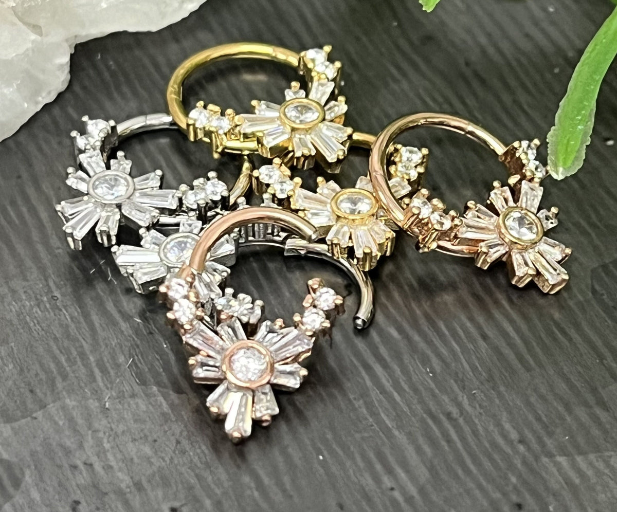 1 Piece of Unique Baguette Gems Flower Hinged Segment Septum Ring - 10mm & 8mm -Silver, Gold and Rose Gold Available!