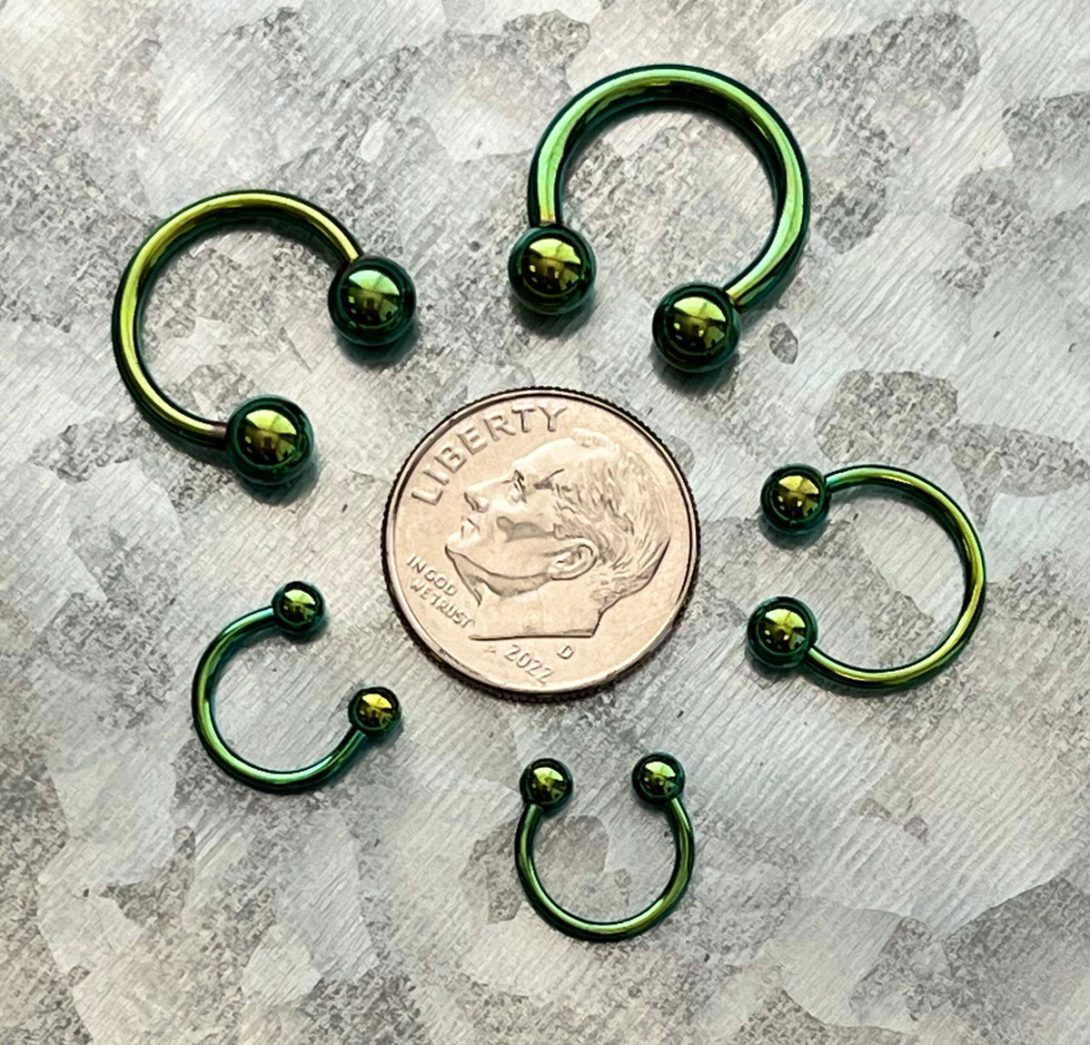 PAIR of Stunning Green Titanium Anodized Circular Barbell Horseshoe Ring - 18g thru 12g with Assorted Ball Sizes!!