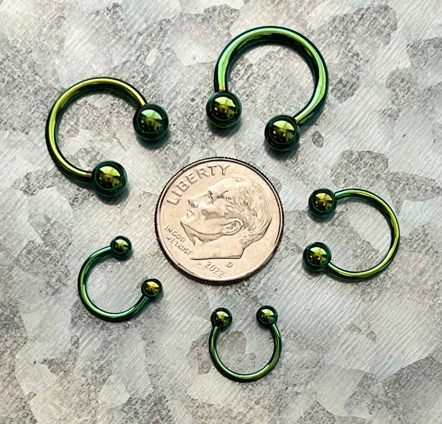 1 Piece of Brilliant Green Titanium Anodized Circular Barbell Horseshoe Ring - 18g thru 12g with Assorted Diameters and Ball Size!!