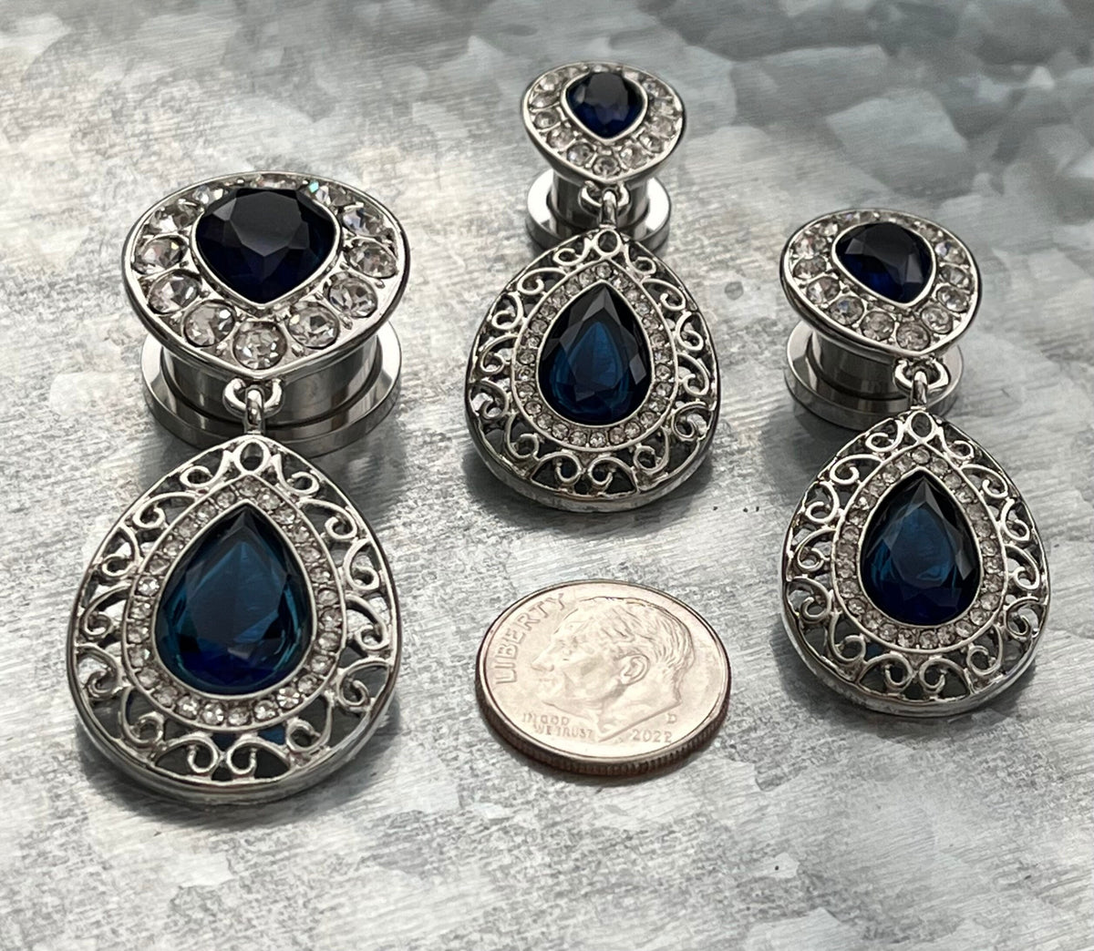 PAIR of Unique Crystal Paved Blue CZ Teardrop Gems w/ Filigree Dangle Screw Fit Tunnels/Plugs - Gauges 0g (8mm) thru 5/8" (16mm) available!