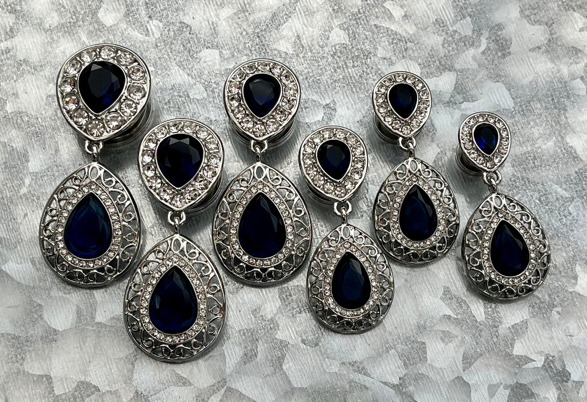 PAIR of Unique Crystal Paved Blue CZ Teardrop Gems w/ Filigree Dangle Screw Fit Tunnels/Plugs - Gauges 0g (8mm) thru 5/8" (16mm) available!