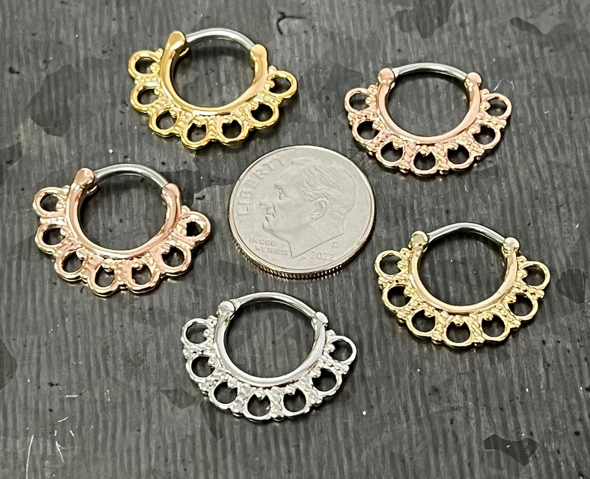 1 Piece Unique Tribal Fan Design Steel Septum Clicker Ring - 16g or 14g - 10mm Internal Diameter - Available in Steel, Gold and Rose Gold!