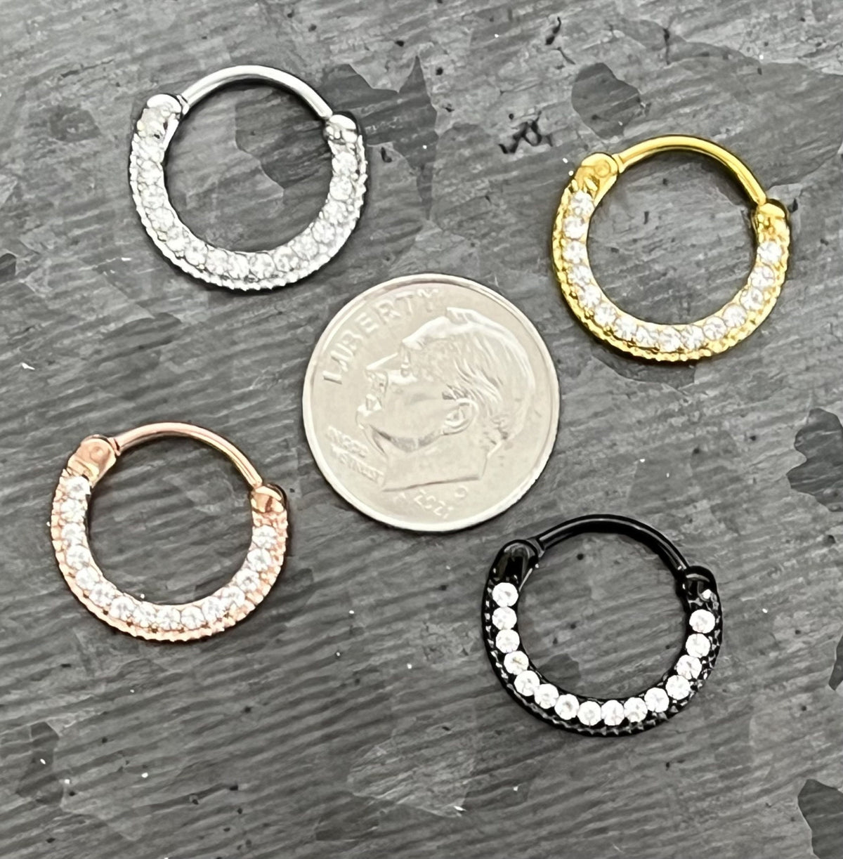1 Piece Stunning 100% Surgical Steel Lined Crystal Septum Clicker Segment Ring- 16g - Silver, Gold, Rose Gold & Black Available!