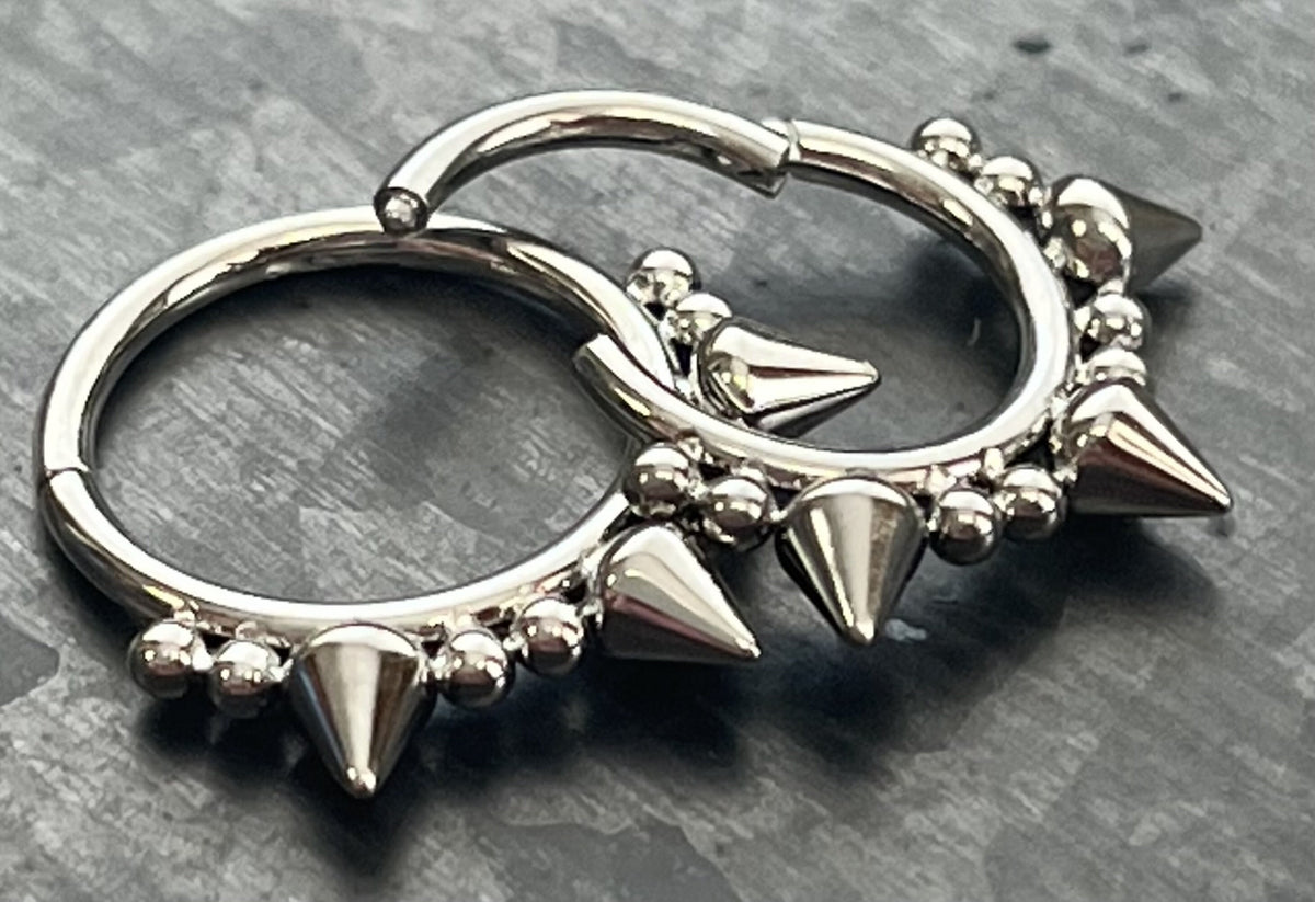 1 Piece Unique Three Spikes and Double Ball Steel Hinged Segment Septum Ring- 16g - 10mm or 8mm - Silver, Gold & Black available!