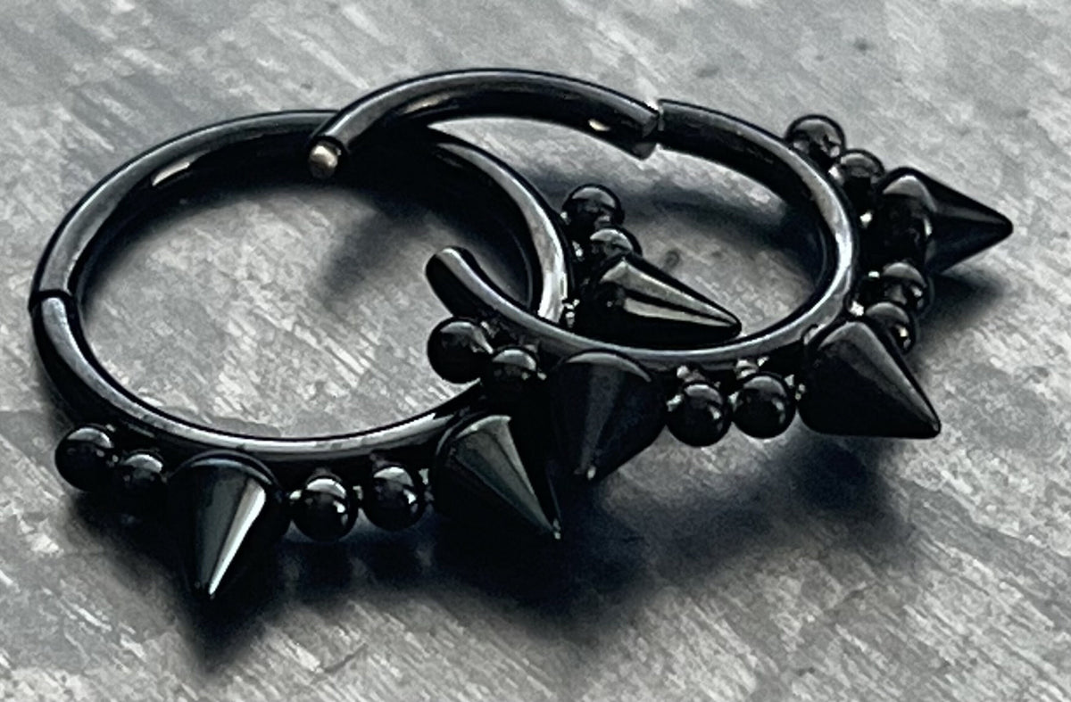 1 Piece Unique Three Spikes and Double Ball Steel Hinged Segment Septum Ring- 16g - 10mm or 8mm - Silver, Gold & Black available!