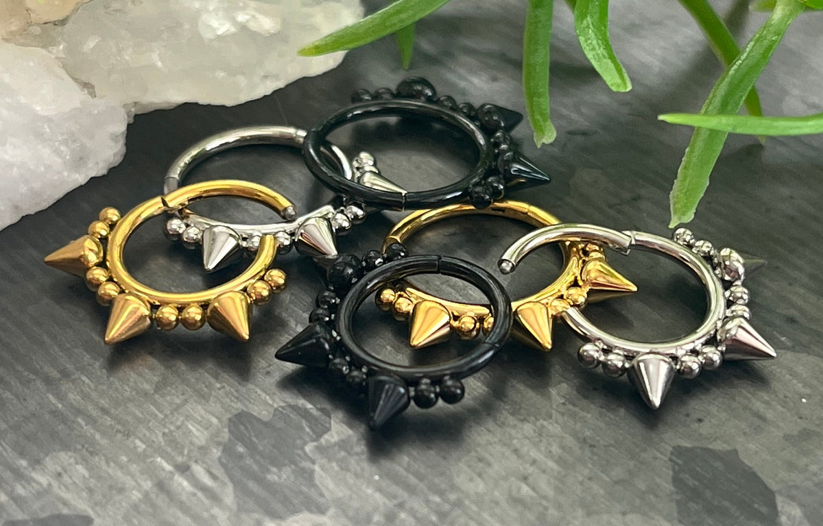 1 Piece Unique Three Spikes and Double Ball Steel Hinged Segment Septum Ring- 16g - 10mm or 8mm - Silver, Gold & Black available!