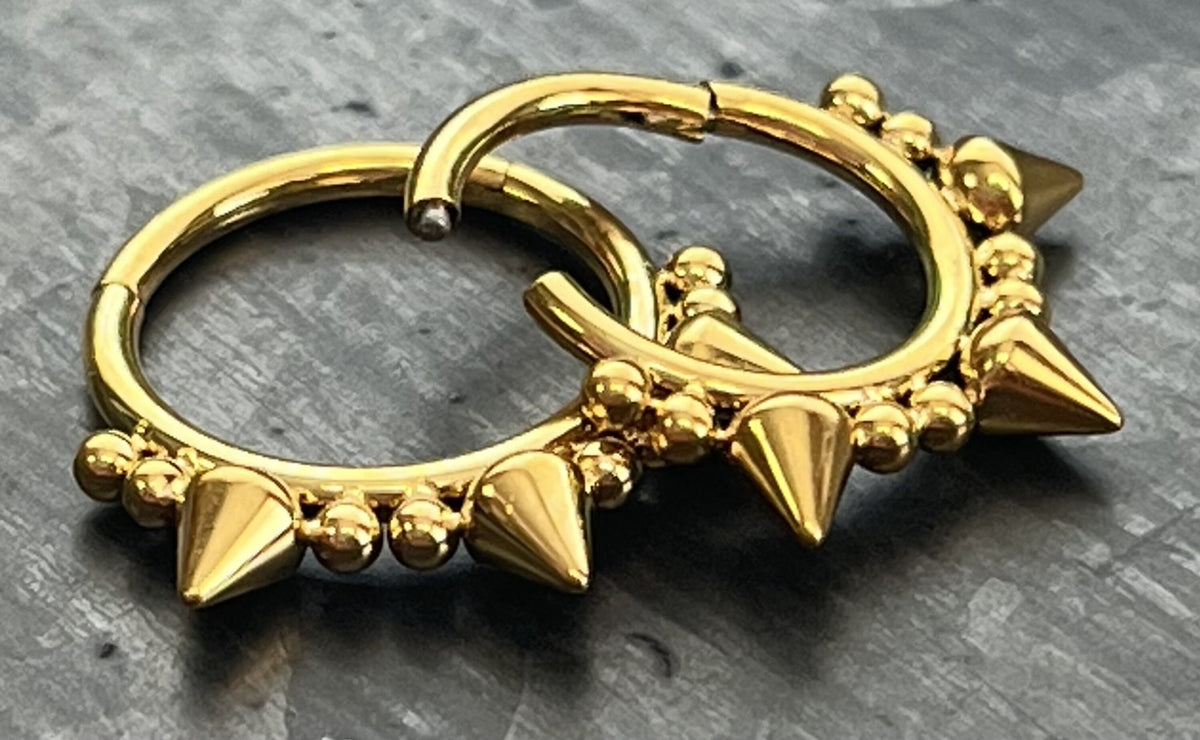 1 Piece Unique Three Spikes and Double Ball Steel Hinged Segment Septum Ring- 16g - 10mm or 8mm - Silver, Gold & Black available!