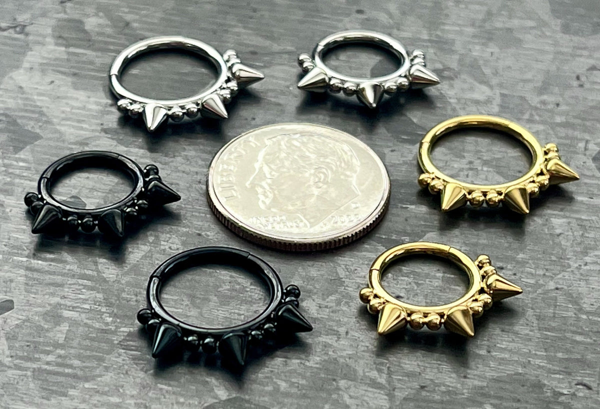 1 Piece Unique Three Spikes and Double Ball Steel Hinged Segment Septum Ring- 16g - 10mm or 8mm - Silver, Gold & Black available!