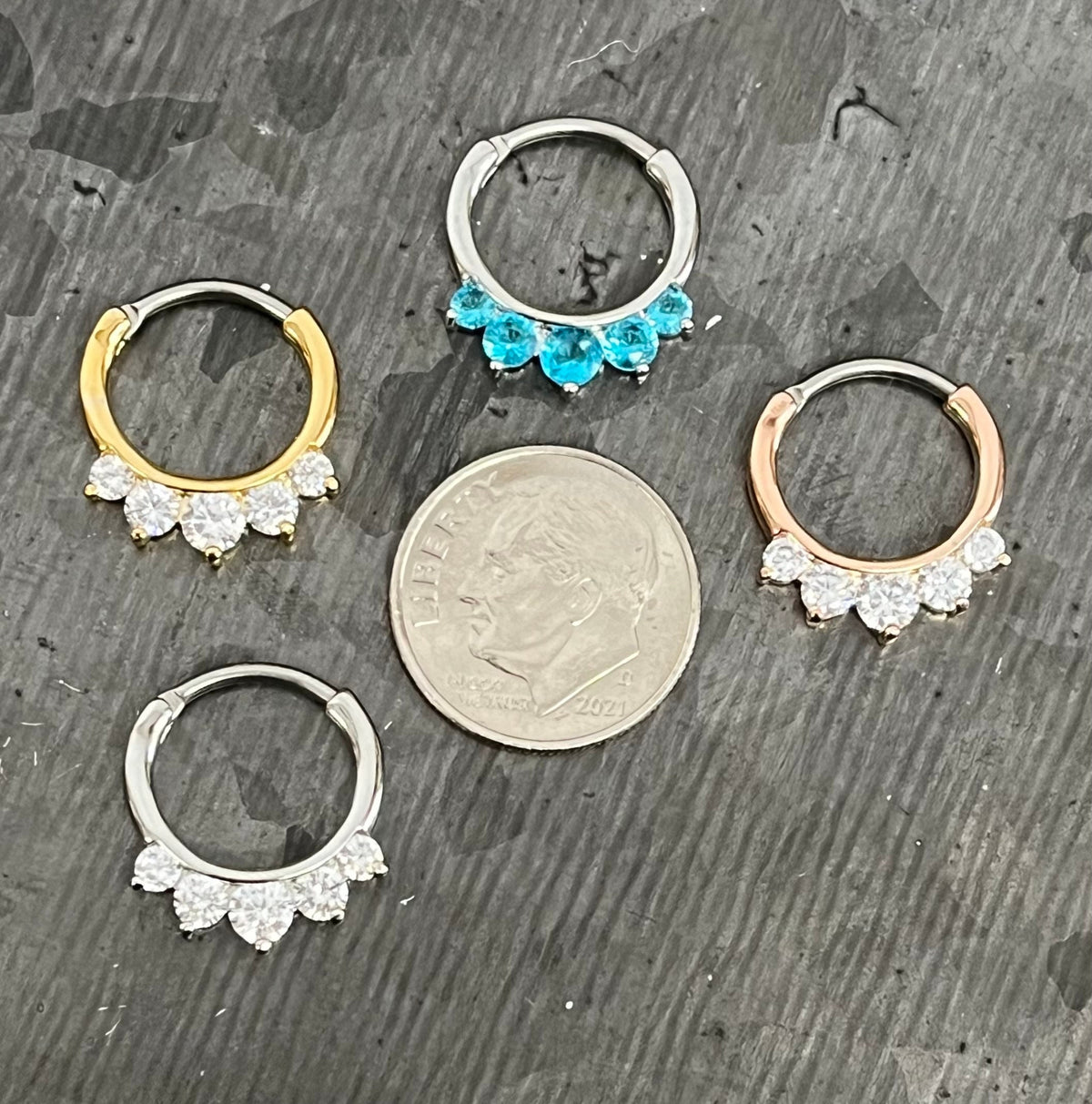 1 Piece Beautiful Five CZ Set Gems Septum 316L Surgical Steel Clicker Segment Ring- 16g - Clear, Blue, Pink, Gold and Rose Gold Available!