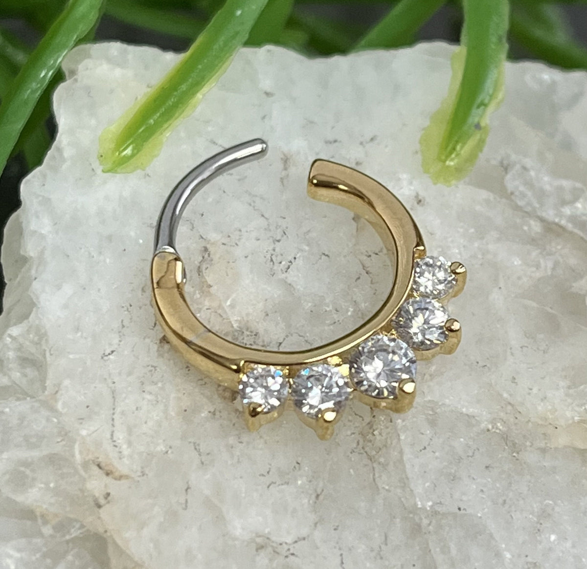 1 Piece Beautiful Five CZ Set Gems Septum 316L Surgical Steel Clicker Segment Ring- 16g - Clear, Blue, Pink, Gold and Rose Gold Available!