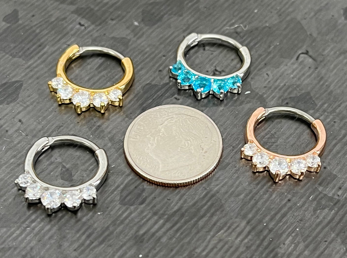 1 Piece Beautiful Five CZ Set Gems Septum 316L Surgical Steel Clicker Segment Ring- 16g - Clear, Blue, Pink, Gold and Rose Gold Available!