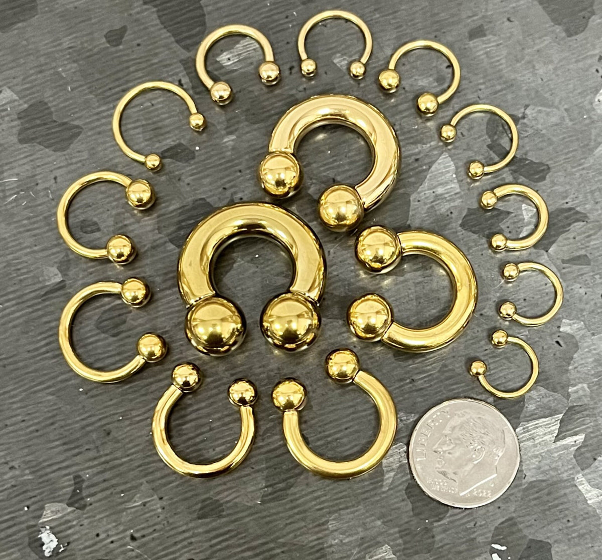 1 Piece Gold Circular Barbell Horseshoe Ring - 18g, 16g, 14g, 12g, 10g, 8g, 6g, 4g 2g with Assorted Internal Diameter and Ball Size!!