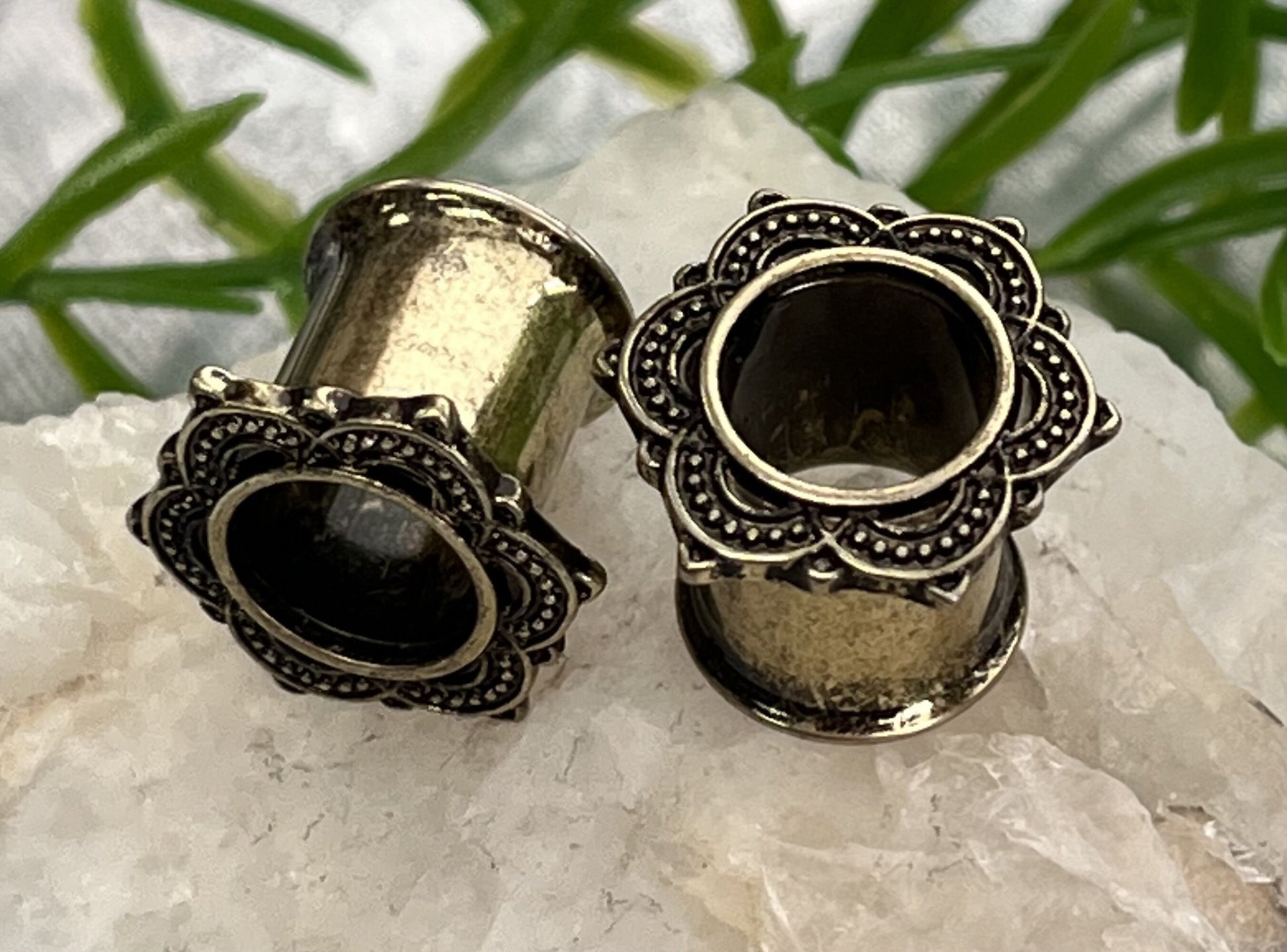 PAIR of Unique Antique Gold IP Rose of Sharon Tunnels Double Flare Steel Tunnels/Plugs - Gauges 4g (5mm) thru 5/8" (16mm) Available!