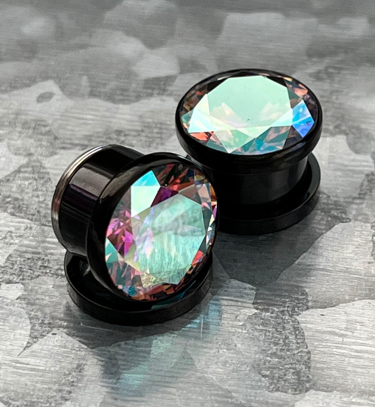 PAIR of Aurora Borealis CZ Gem Steel Screw Fit Tunnels/Plugs - Available in Black, Gold and Rainbow!