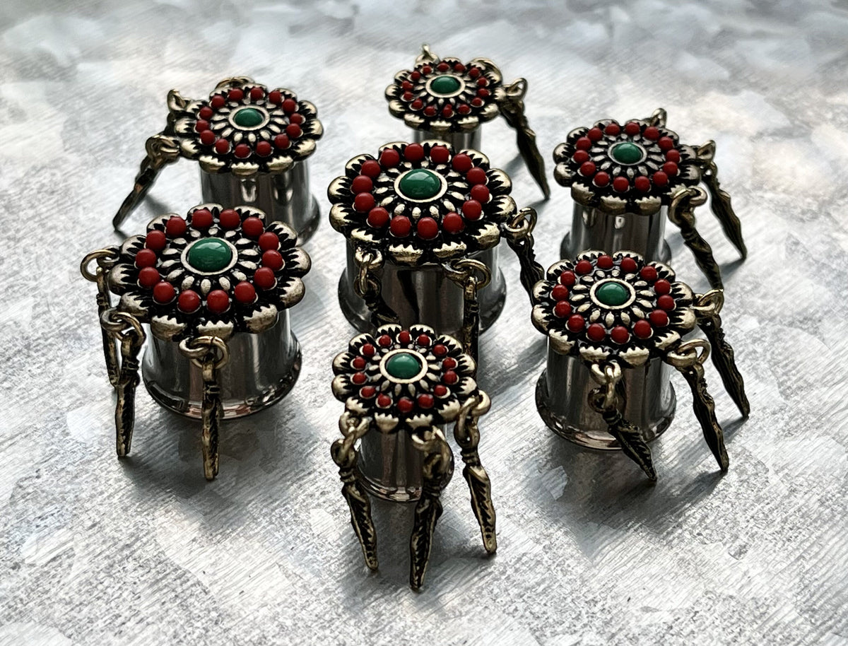 PAIR of Antiqued Red & Turquoise Flower with Feather Dangles Double Flare Steel Tunnels/Plugs - Gauges 0g (8mm) thru 5/8" (16mm) Available!