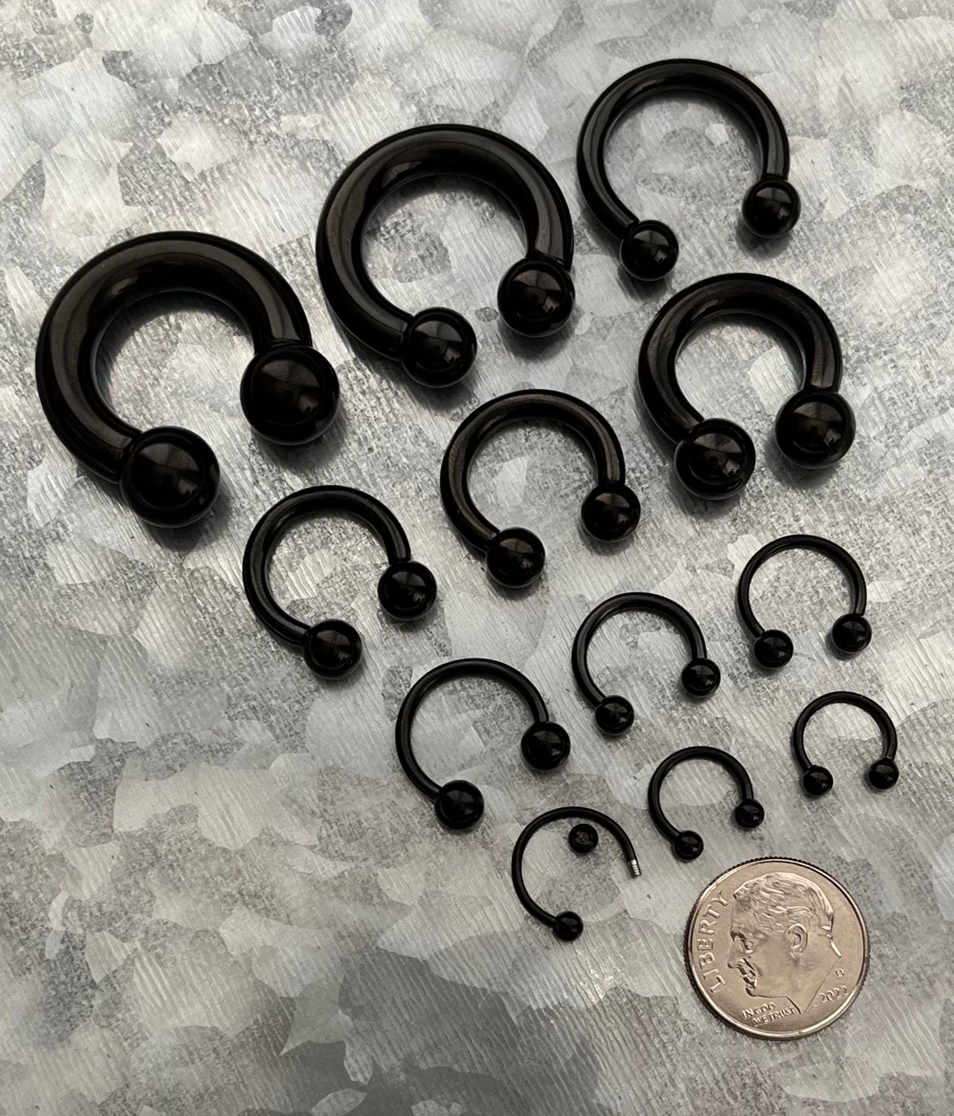 PAIR of Stunning Black Titanium Anodized Circular Barbell Horseshoe Ring - 18g thru 2g and Assorted Ball Size!!
