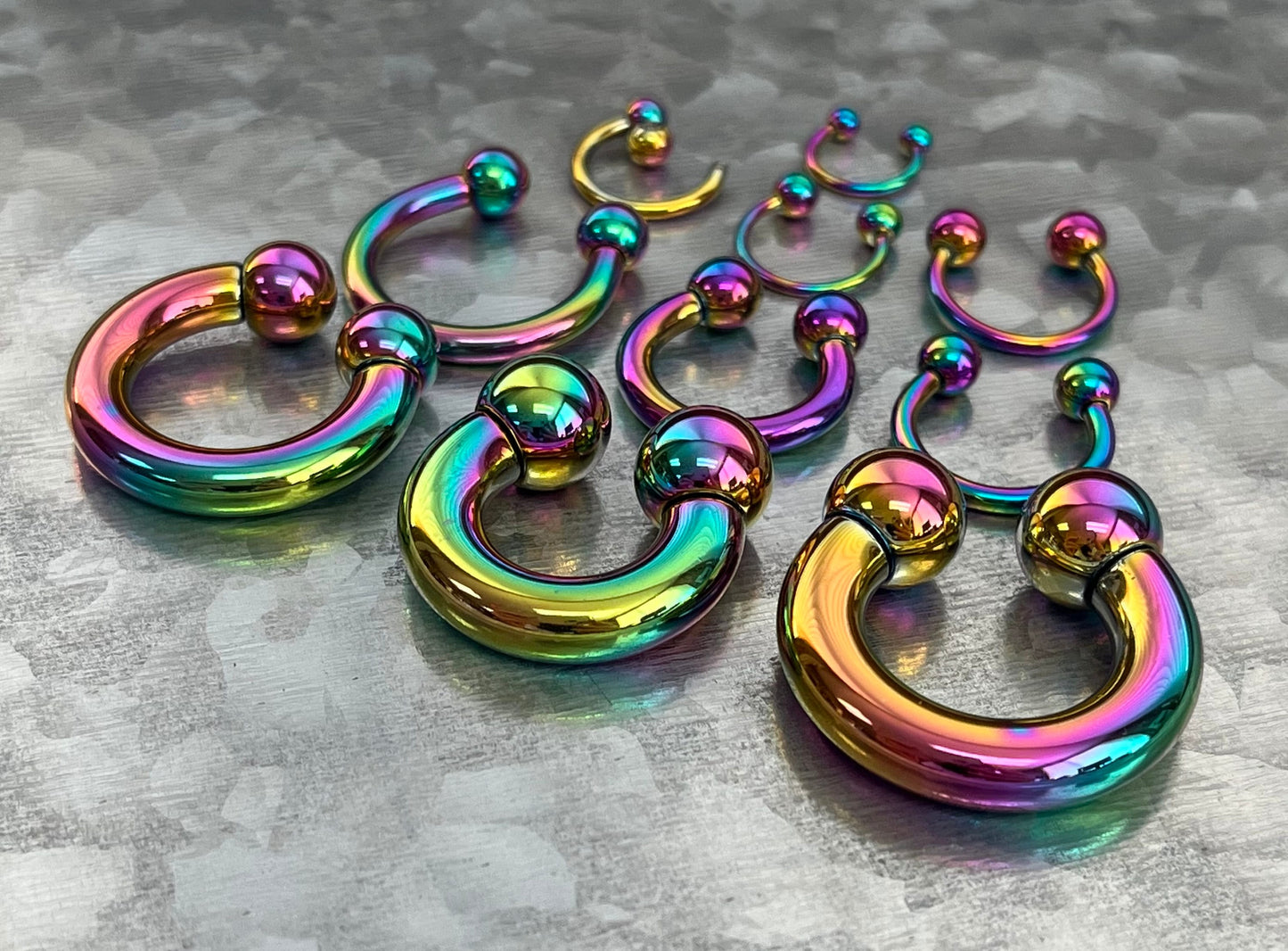 1 Piece Unique Rainbow Titanium Anodized Circular Barbell Horseshoe Ring - 18g thru 2g with Assorted Internal Diameter and Ball Size!!
