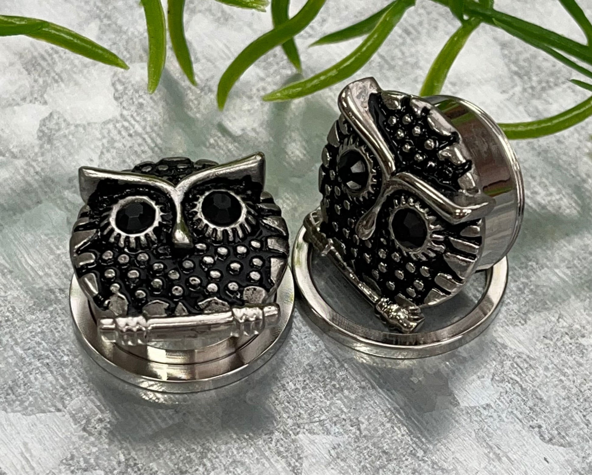 PAIR of Unique Owl with Black Gem Eyes Steel Screw Fit Tunnels/Plugs - Gauges 9/16 (14mm) thru 13/16" (20mm) available!