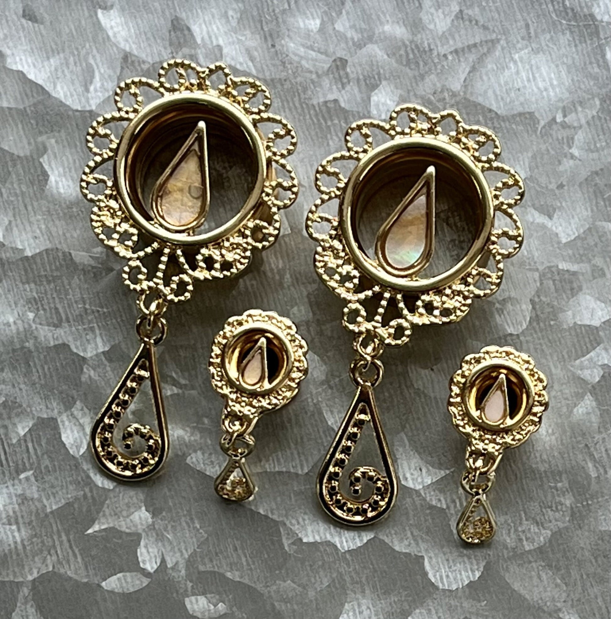PAIR of 14kt Gold Plated Mother of Pearl Filigree Dangle Internally Threaded Double Flare Tunnel - Gauges 2g(6mm) thru 5/8"(16mm) available!