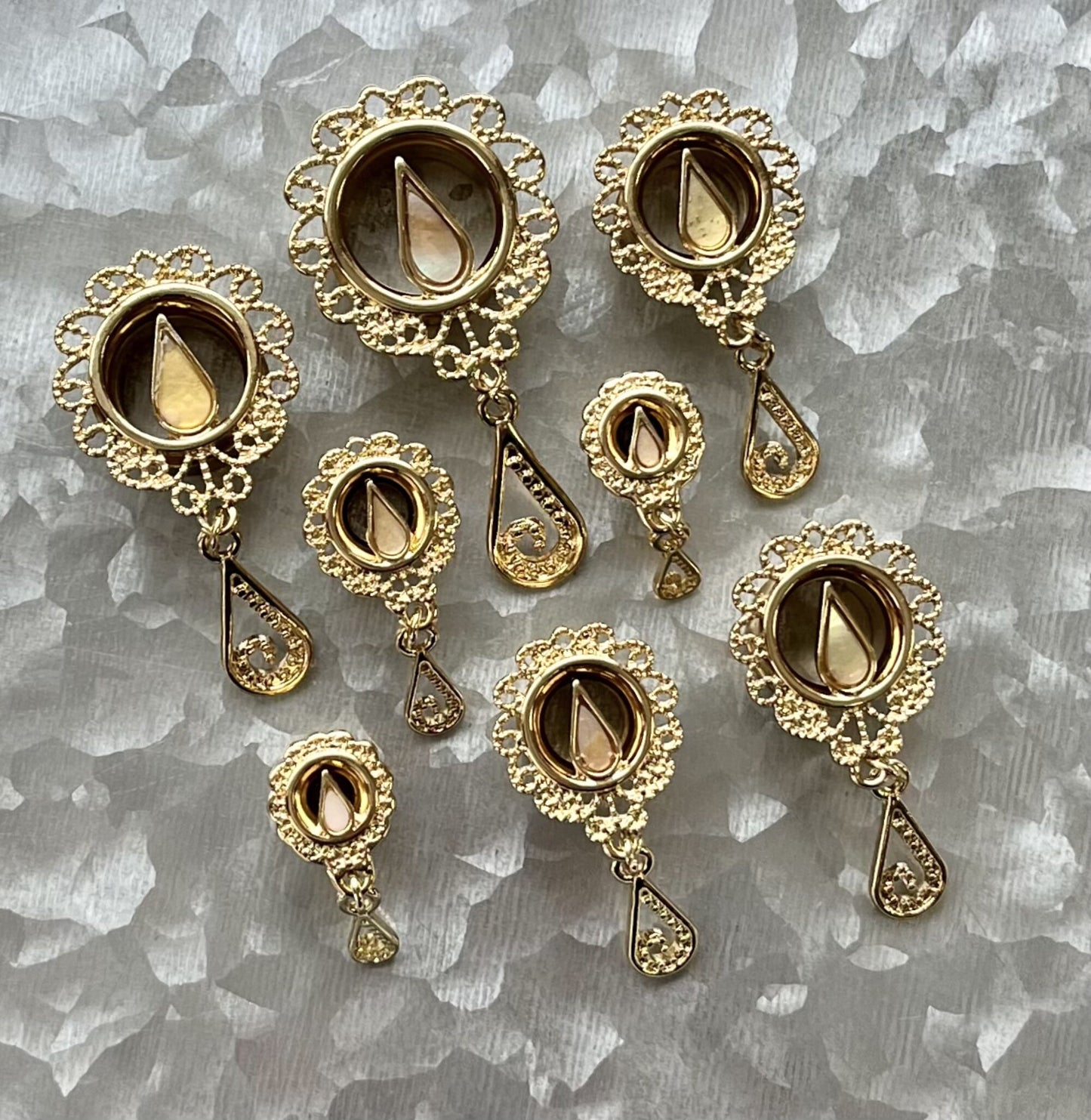 PAIR of 14kt Gold Plated Mother of Pearl Filigree Dangle Internally Threaded Double Flare Tunnel - Gauges 2g(6mm) thru 5/8"(16mm) available!