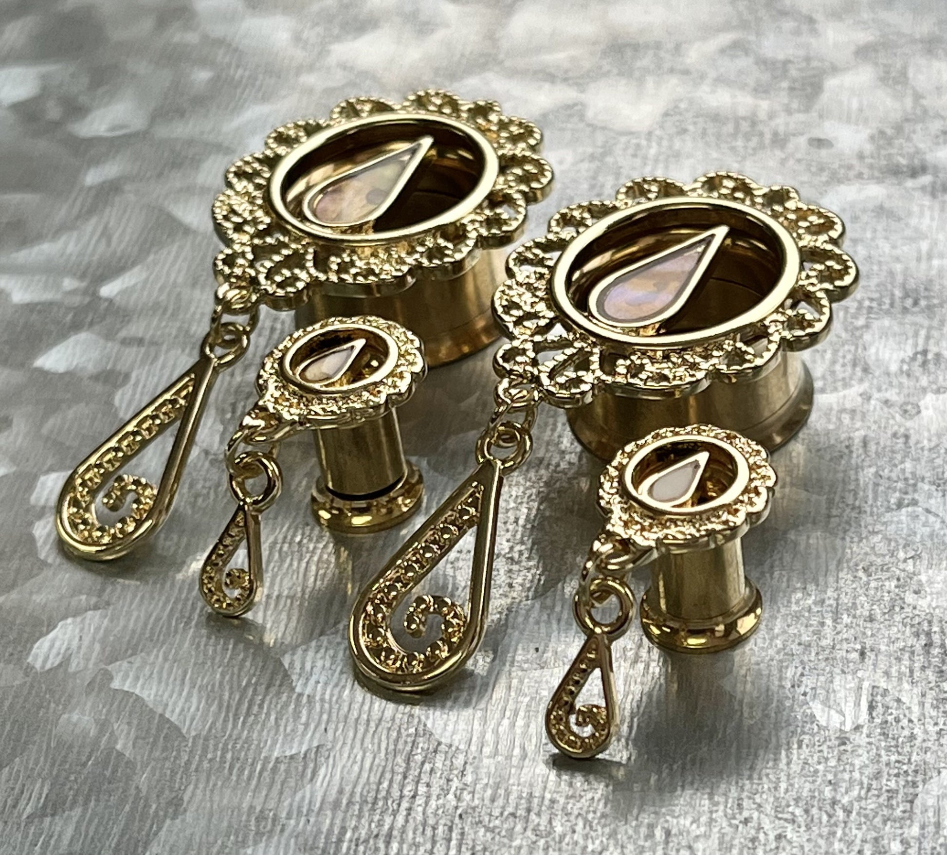 PAIR of 14kt Gold Plated Mother of Pearl Filigree Dangle Internally Threaded Double Flare Tunnel - Gauges 2g(6mm) thru 5/8"(16mm) available!