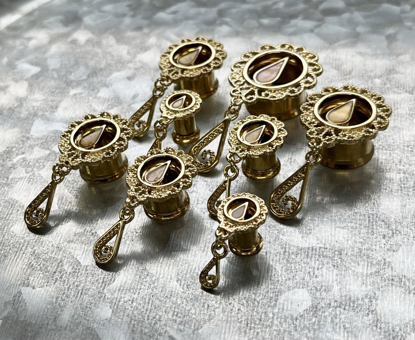 PAIR of 14kt Gold Plated Mother of Pearl Filigree Dangle Internally Threaded Double Flare Tunnel - Gauges 2g(6mm) thru 5/8"(16mm) available!