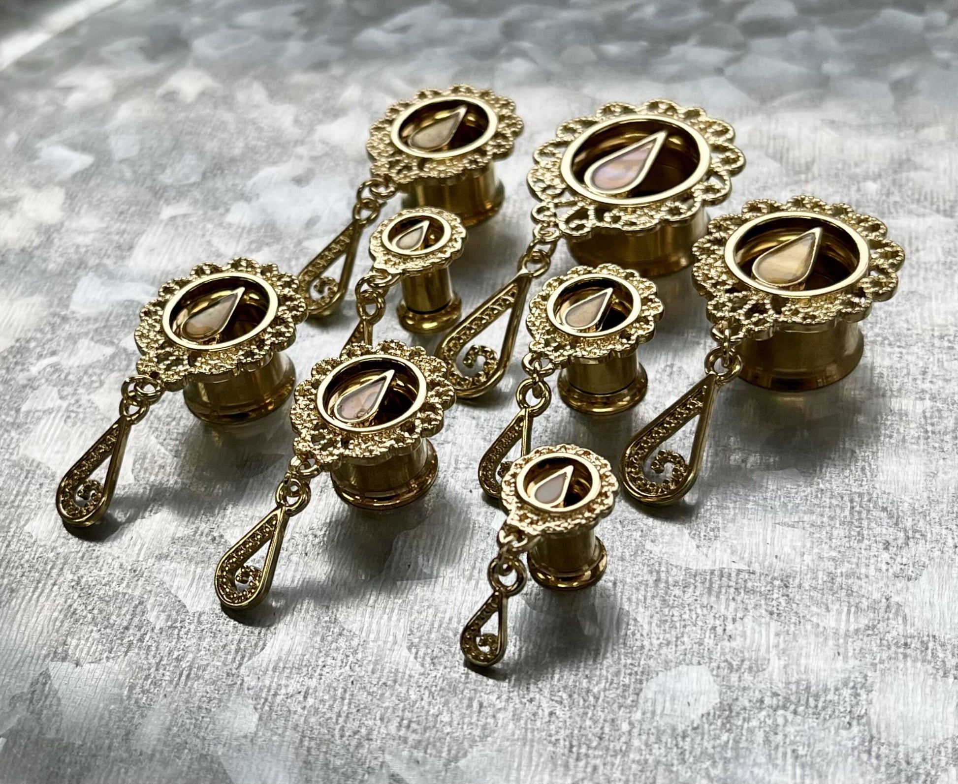 PAIR of 14kt Gold Plated Mother of Pearl Filigree Dangle Internally Threaded Double Flare Tunnel - Gauges 2g(6mm) thru 5/8"(16mm) available!