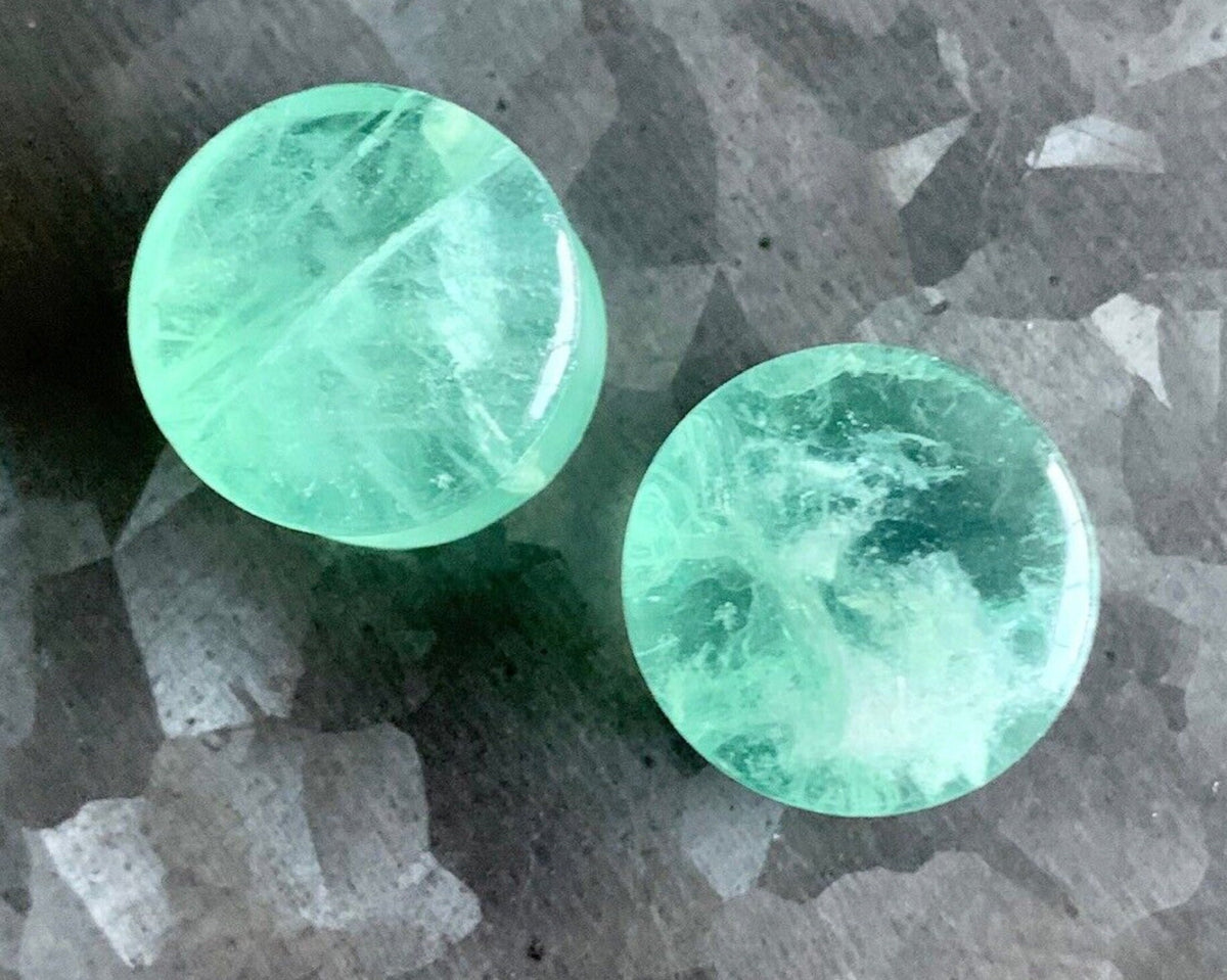 PAIR of Unique Green Fluorite Organic Stone Double Flare Plugs/Tunnels - Gauges 6g (4mm) up to 13/16" (20mm) available!