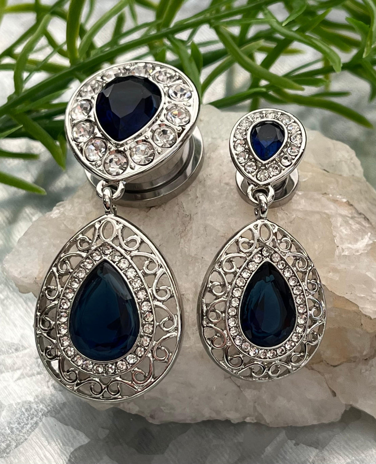 PAIR of Unique Crystal Paved Blue CZ Teardrop Gems w/ Filigree Dangle Screw Fit Tunnels/Plugs - Gauges 0g (8mm) thru 5/8" (16mm) available!
