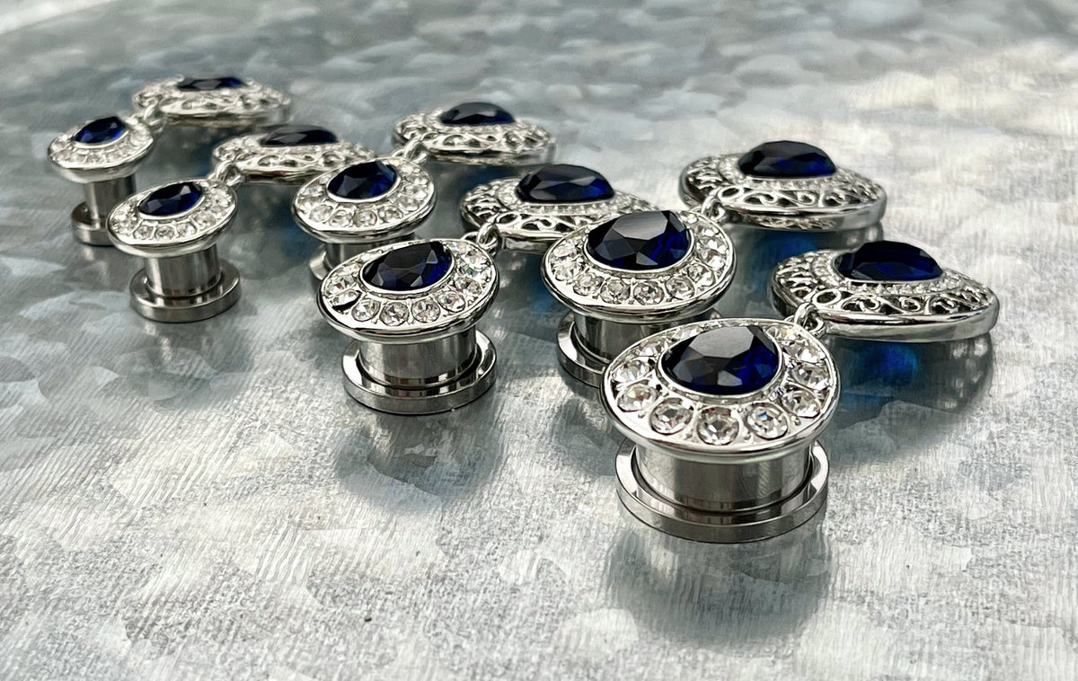 PAIR of Unique Crystal Paved Blue CZ Teardrop Gems w/ Filigree Dangle Screw Fit Tunnels/Plugs - Gauges 0g (8mm) thru 5/8" (16mm) available!