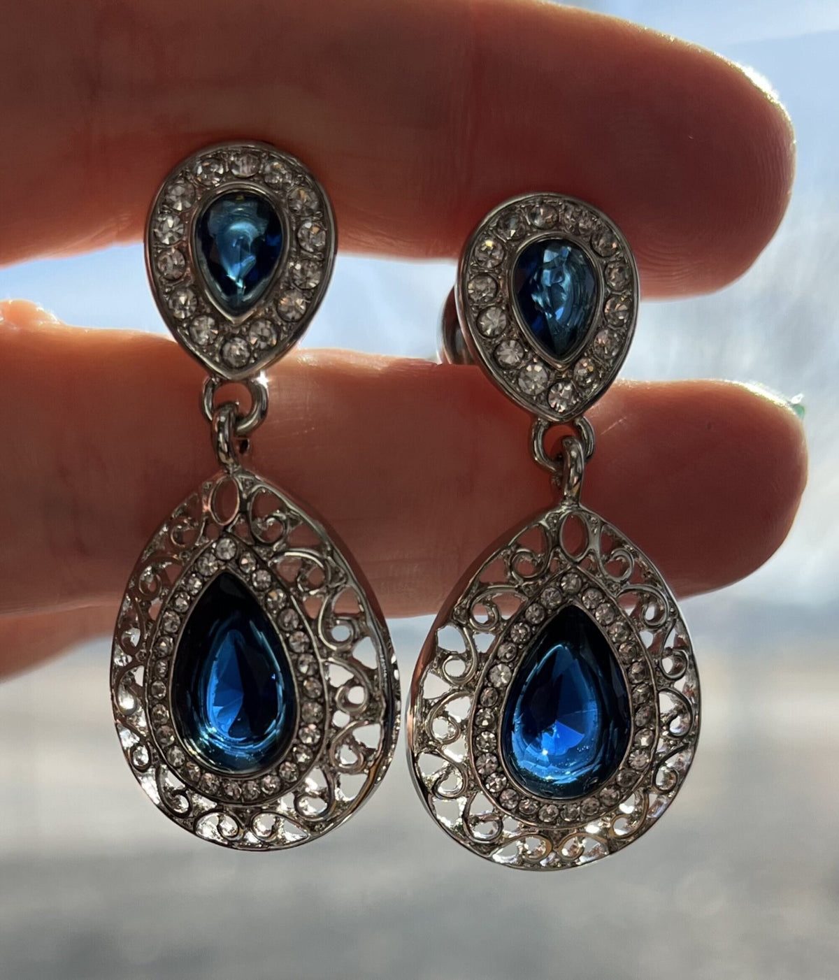PAIR of Unique Crystal Paved Blue CZ Teardrop Gems w/ Filigree Dangle Screw Fit Tunnels/Plugs - Gauges 0g (8mm) thru 5/8" (16mm) available!